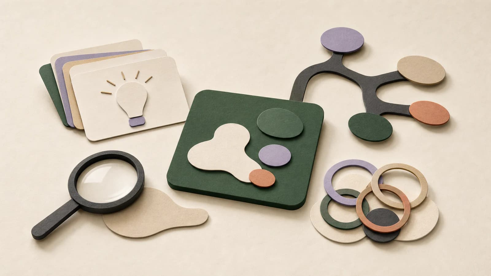 A tactile creative toolkit with idea cards, a lens, clustering rings, and a shared canvas