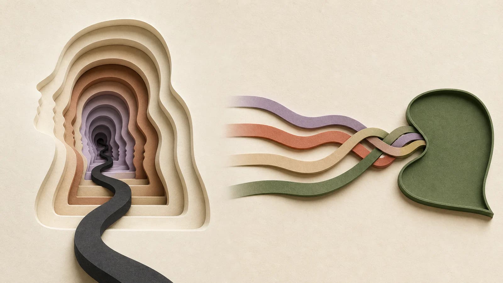 A deep sequential paper tunnel contrasted with parallel streams weaving into a shared workspace